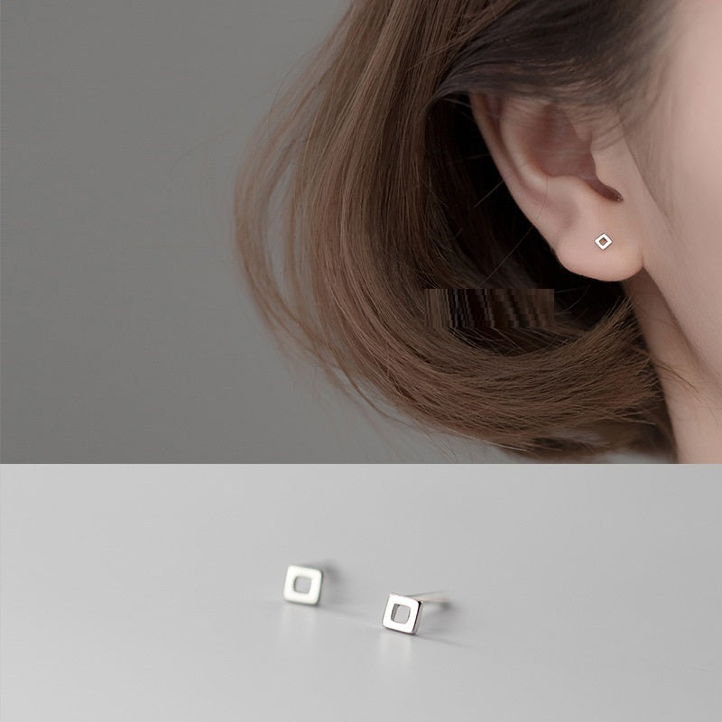 S925 Silver Simple Fashion Elegant Hollow Geometry Love Triangle Square Ear Rings