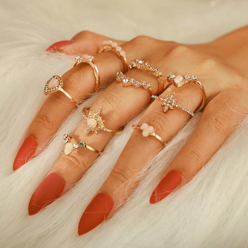 Fashion Elegant Stars Water Drop Diamond Protein Alloy Ring Rings 10-piece Set