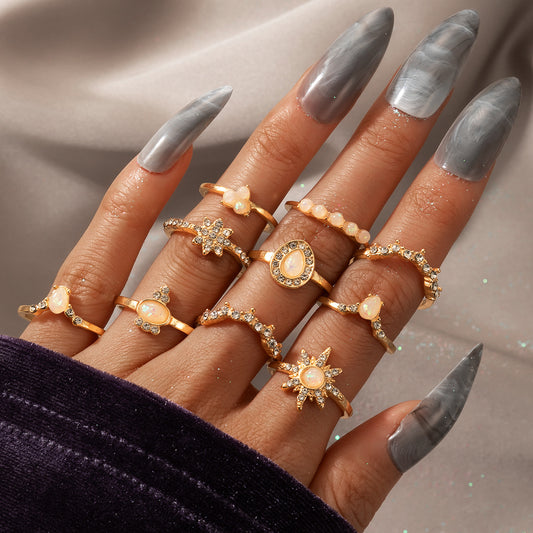 Fashion Elegant Stars Water Drop Diamond Protein Alloy Ring Rings 10-piece Set