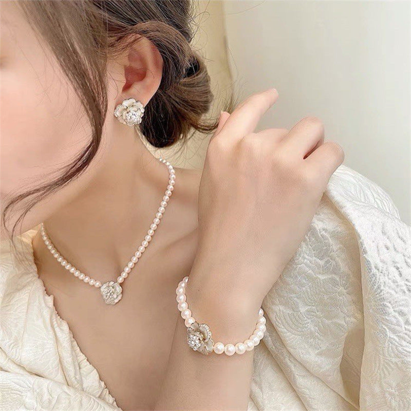 Women's New Light Luxury Camellia Ear Stud Pearl Necklace Bracelet