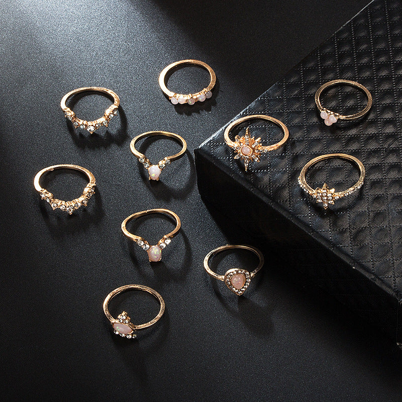 Fashion Elegant Stars Water Drop Diamond Protein Alloy Ring Rings 10-piece Set