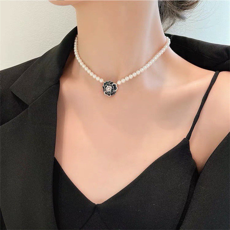 Women's New Light Luxury Camellia Ear Stud Pearl Necklace Bracelet