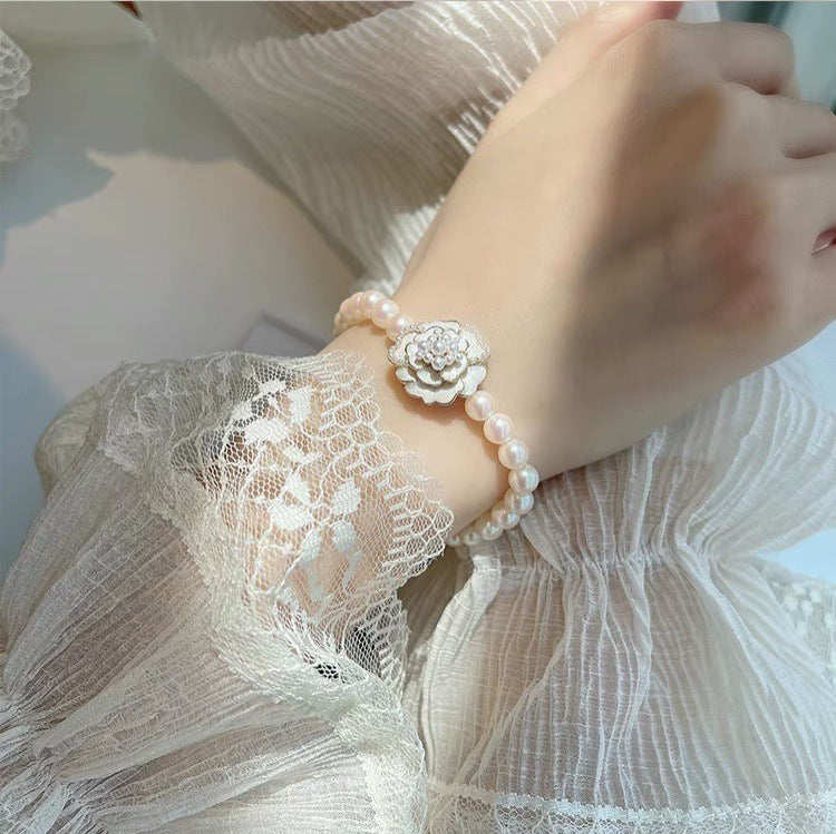 Women's New Light Luxury Camellia Ear Stud Pearl Necklace Bracelet